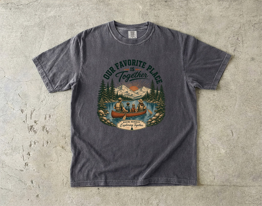 Our Favorite Place Is Together Family Adventure Shirt in Pepper – flat lay