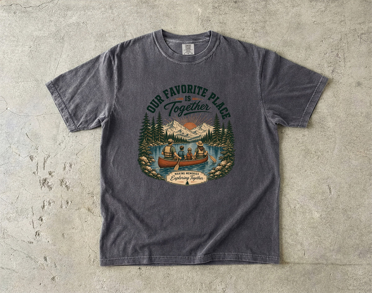 Our Favorite Place Is Together Family Adventure Shirt in Pepper – flat lay