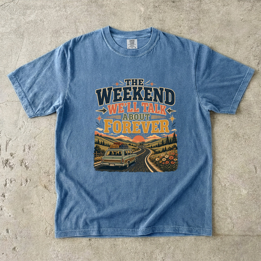 The Weekend We’ll Talk About Forever Road Trip Shirt in Blue Jean – flat lay