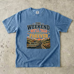The Weekend We’ll Talk About Forever Road Trip Shirt in Blue Jean – flat lay