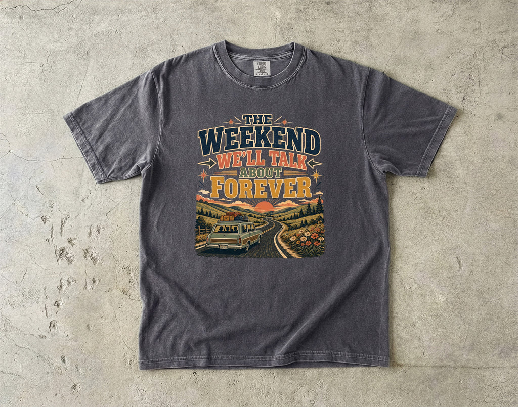 The Weekend We’ll Talk About Forever Road Trip Shirt in Pepper – flat lay