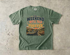The Weekend We’ll Talk About Forever Road Trip Shirt in Moss – flat lay