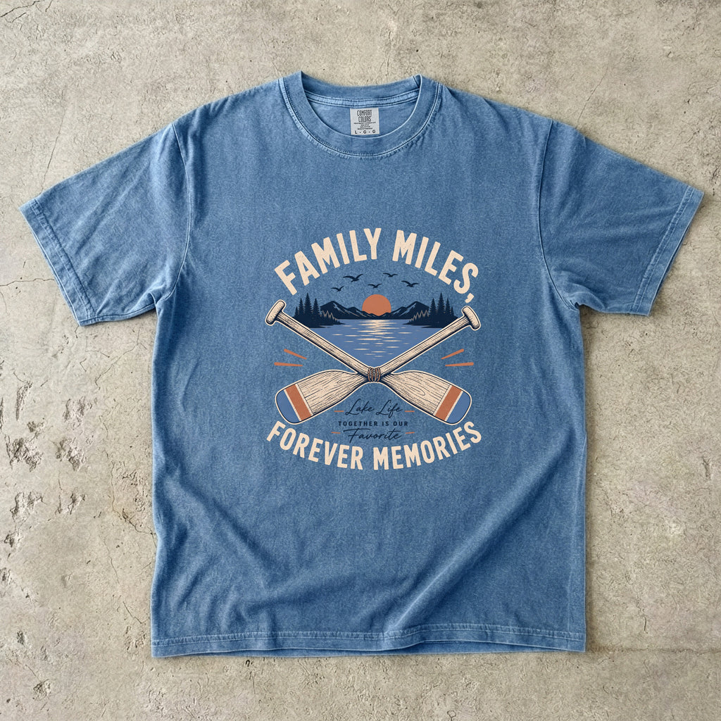 Family Miles Forever Memories Lake Vacation Shirt in Blue Jean – flat lay