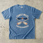 Family Miles Forever Memories Lake Vacation Shirt in Blue Jean – flat lay