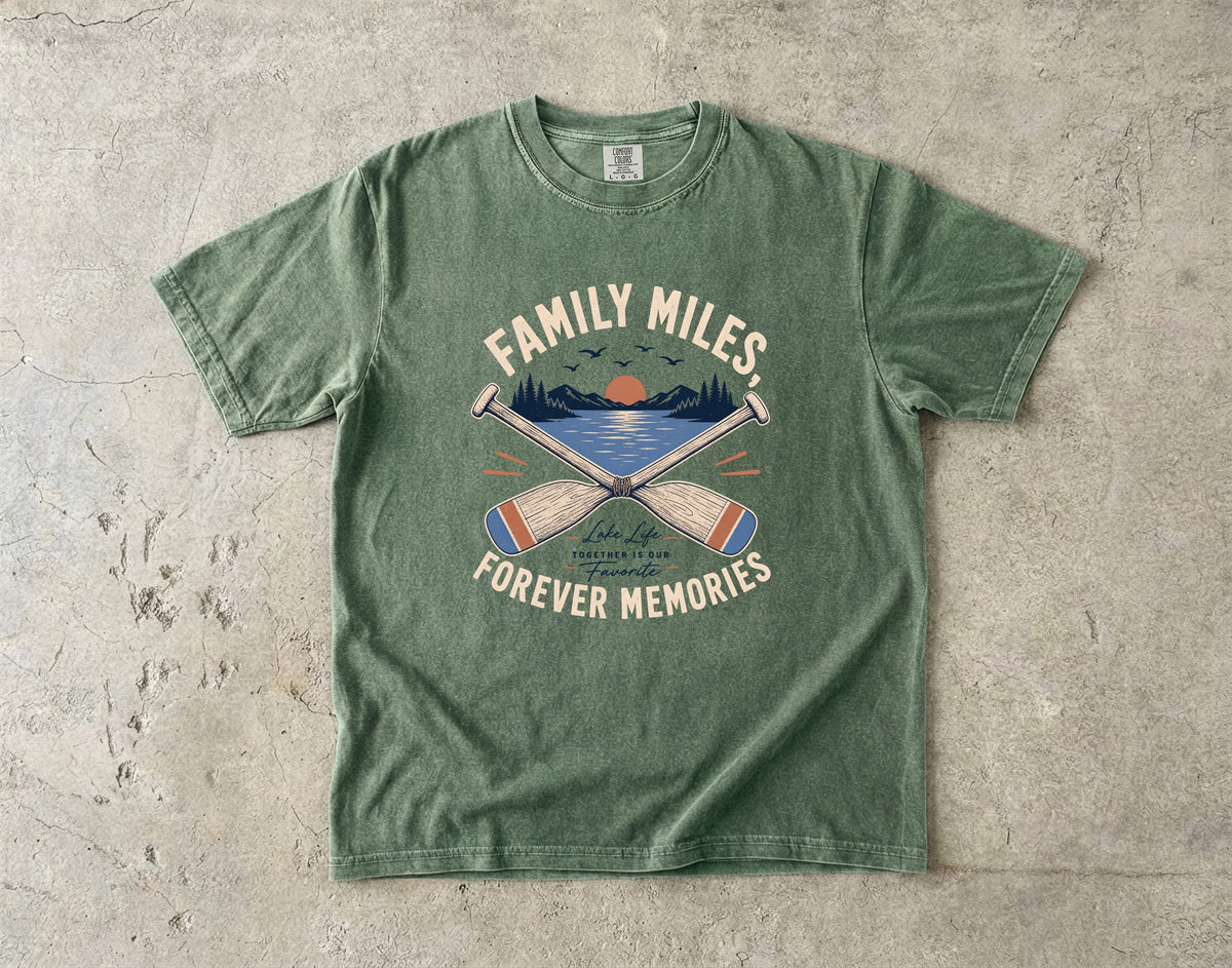 Family Miles Forever Memories Lake Vacation Shirt in Moss – flat lay