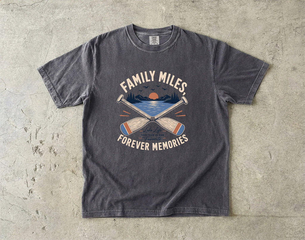 Family Miles Forever Memories Lake Vacation Shirt in Pepper – flat lay