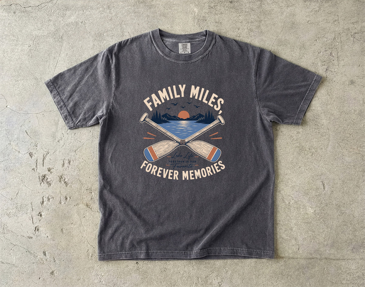 Family Miles Forever Memories Lake Vacation Shirt in Pepper – flat lay