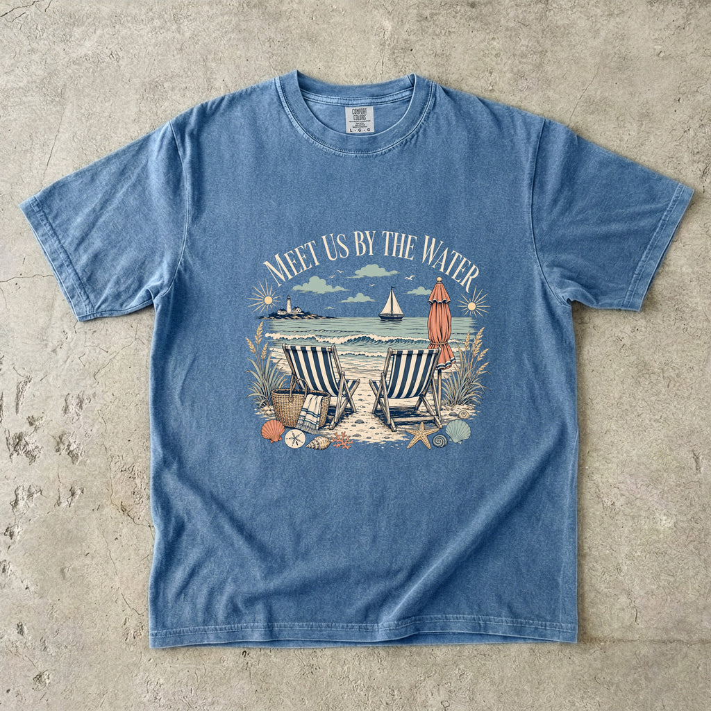 Meet Us By The Water Coastal Vacation Shirt in Blue Jean – flat lay