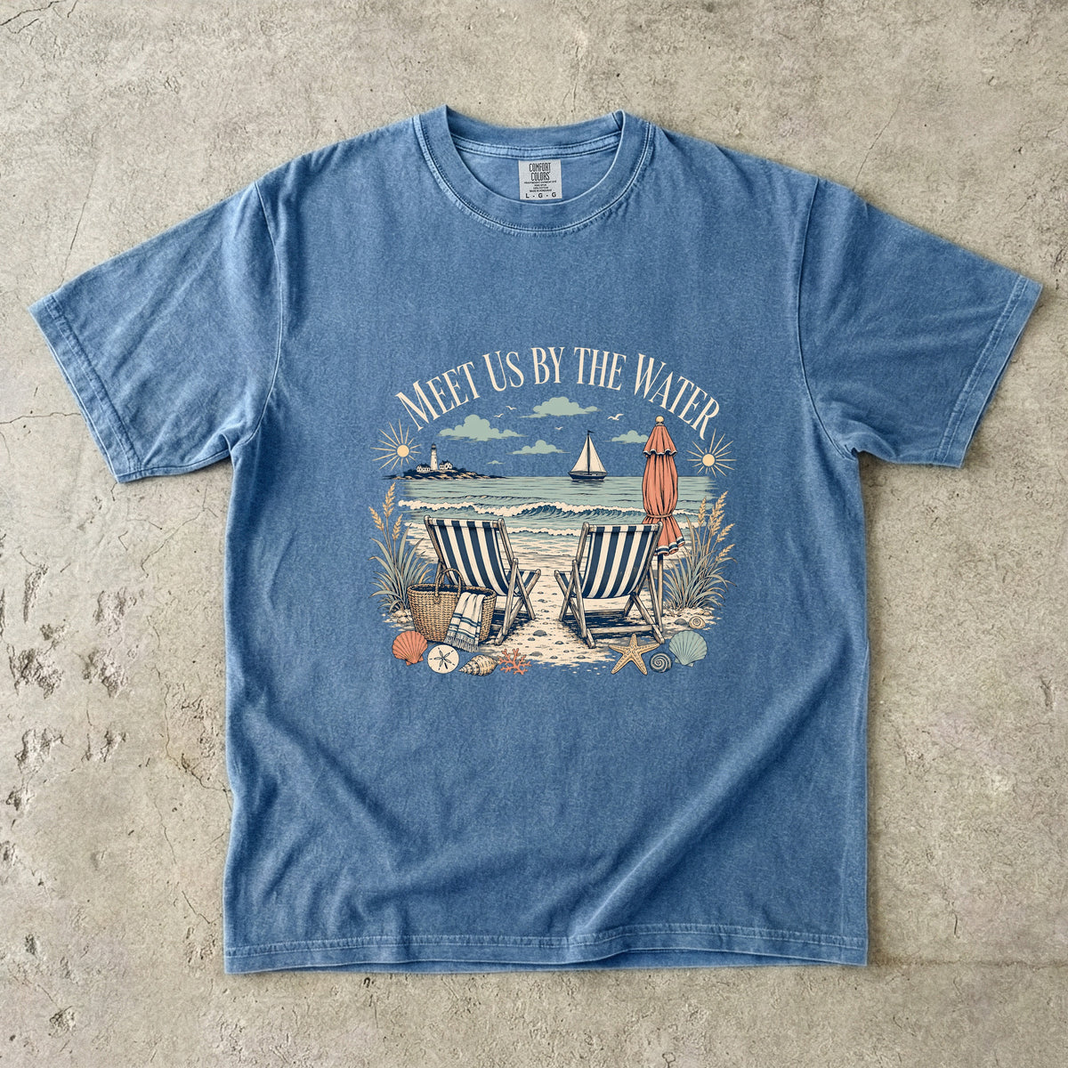 Meet Us By The Water Coastal Vacation Shirt in Blue Jean – flat lay