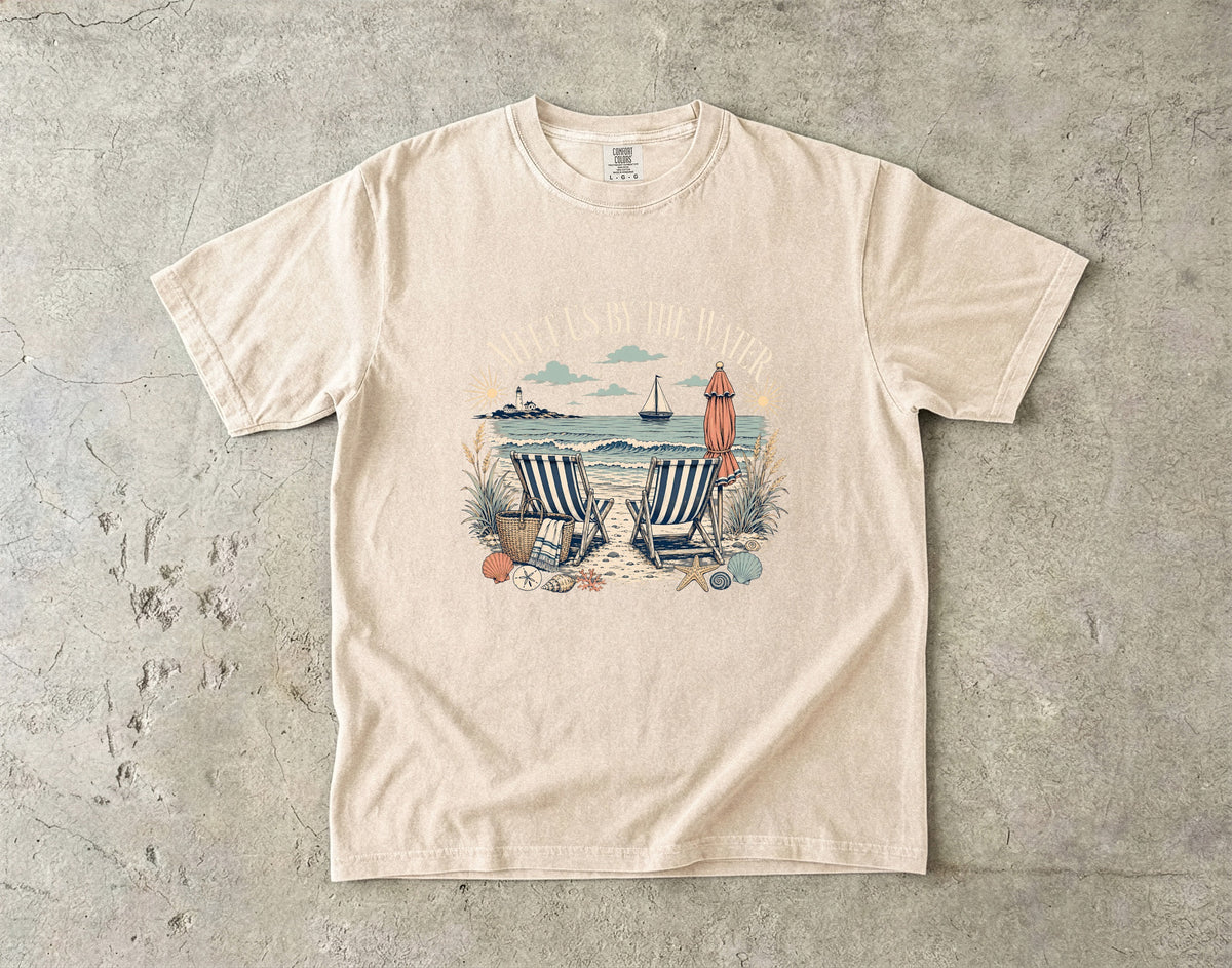 Meet Us By The Water Coastal Vacation Shirt in Ivory – flat lay