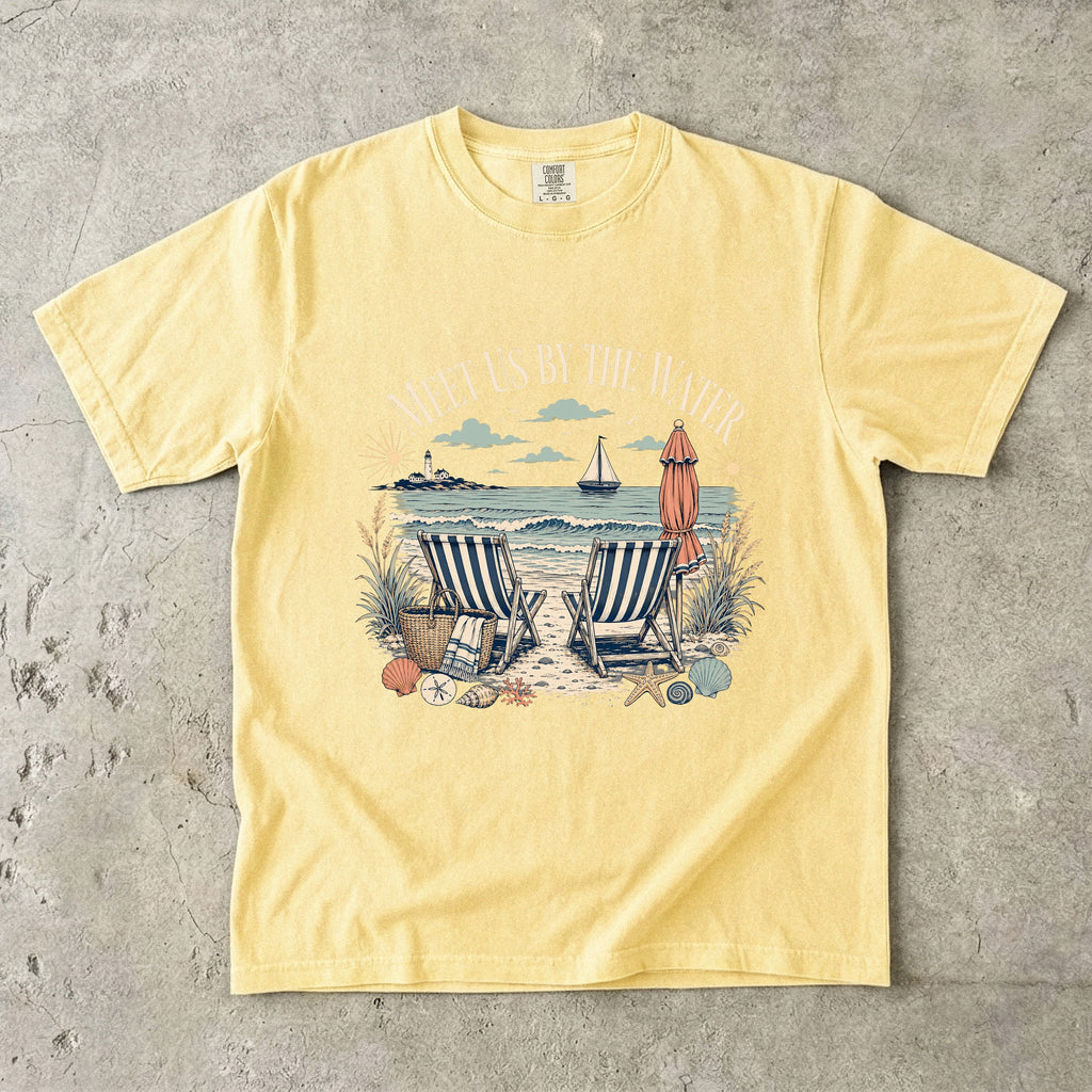 Meet Us By The Water Coastal Vacation Shirt in Butter – flat lay