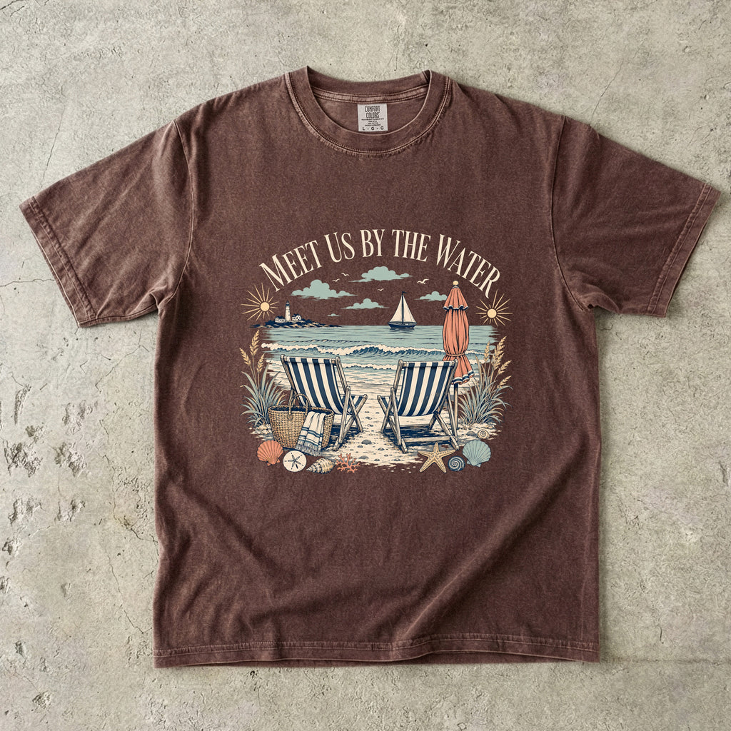 Meet Us By The Water Coastal Vacation Shirt in Espresso – flat lay