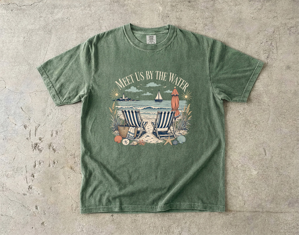 Meet Us By The Water Coastal Vacation Shirt in Moss – flat lay