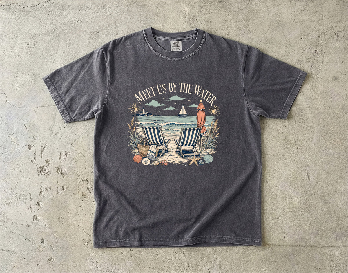 Meet Us By The Water Coastal Vacation Shirt in Pepper – flat lay