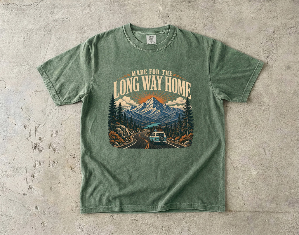 Made for the Long Way Home Scenic Road Trip Shirt in Moss – flat lay
