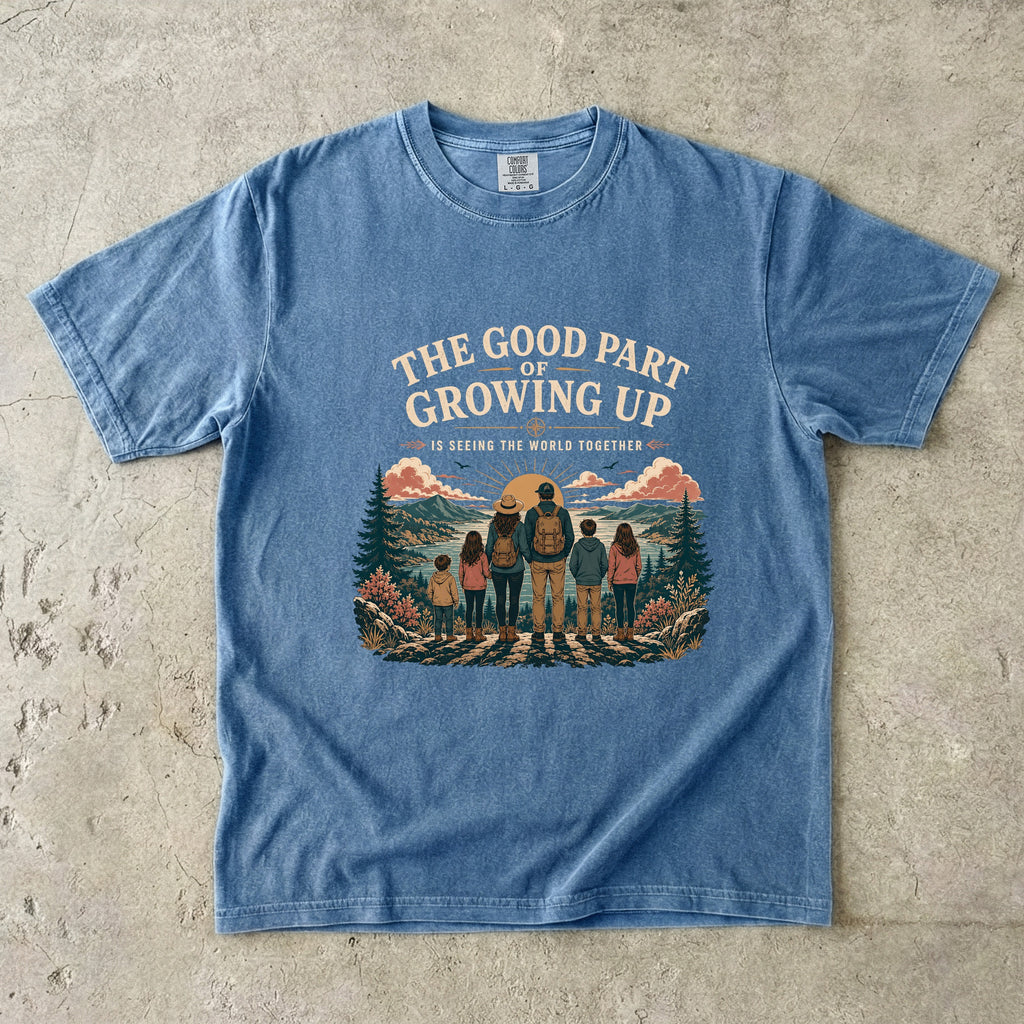 The Good Part of Growing Up Family Travel Shirt in Blue Jean – flat lay