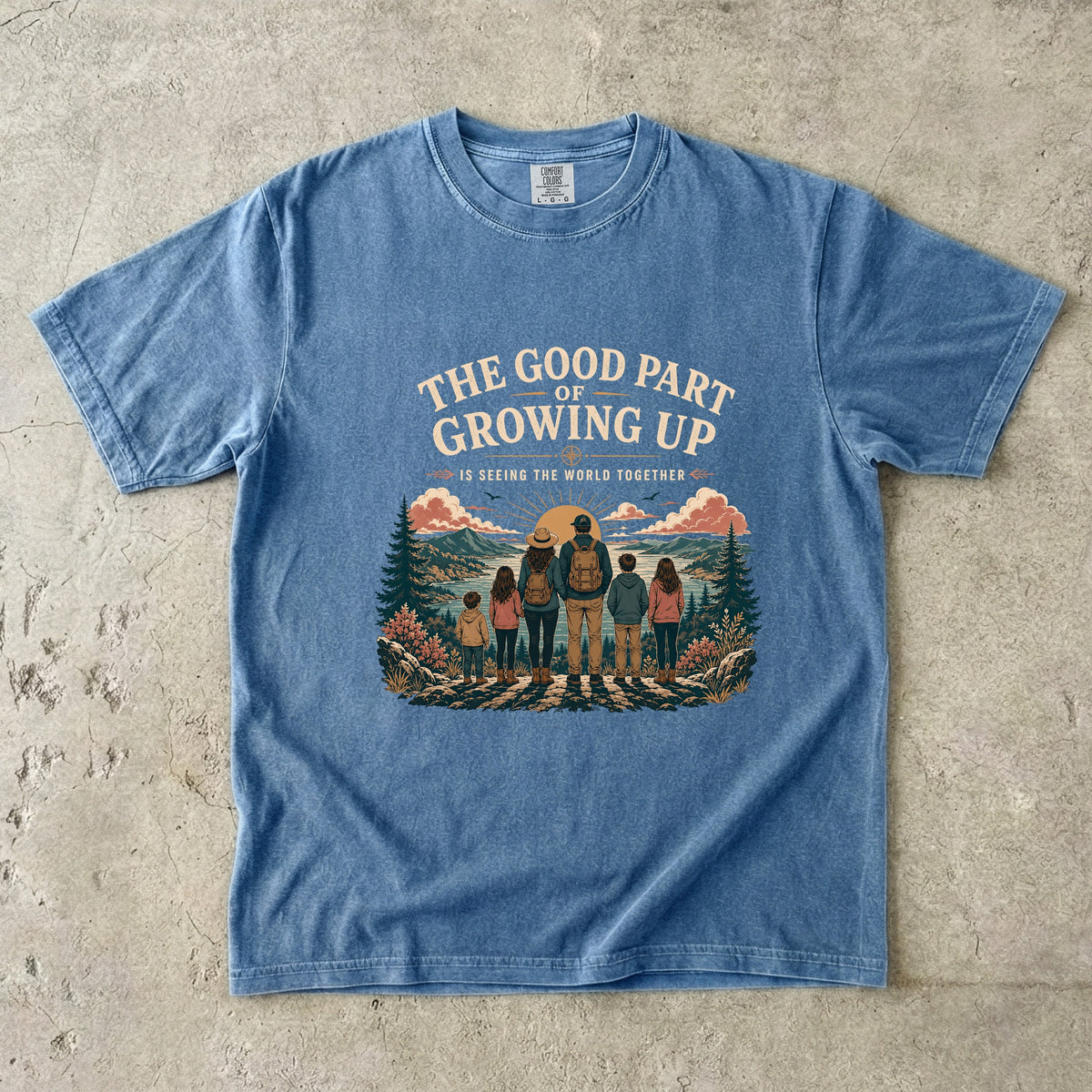 The Good Part of Growing Up Family Travel Shirt in Blue Jean – flat lay