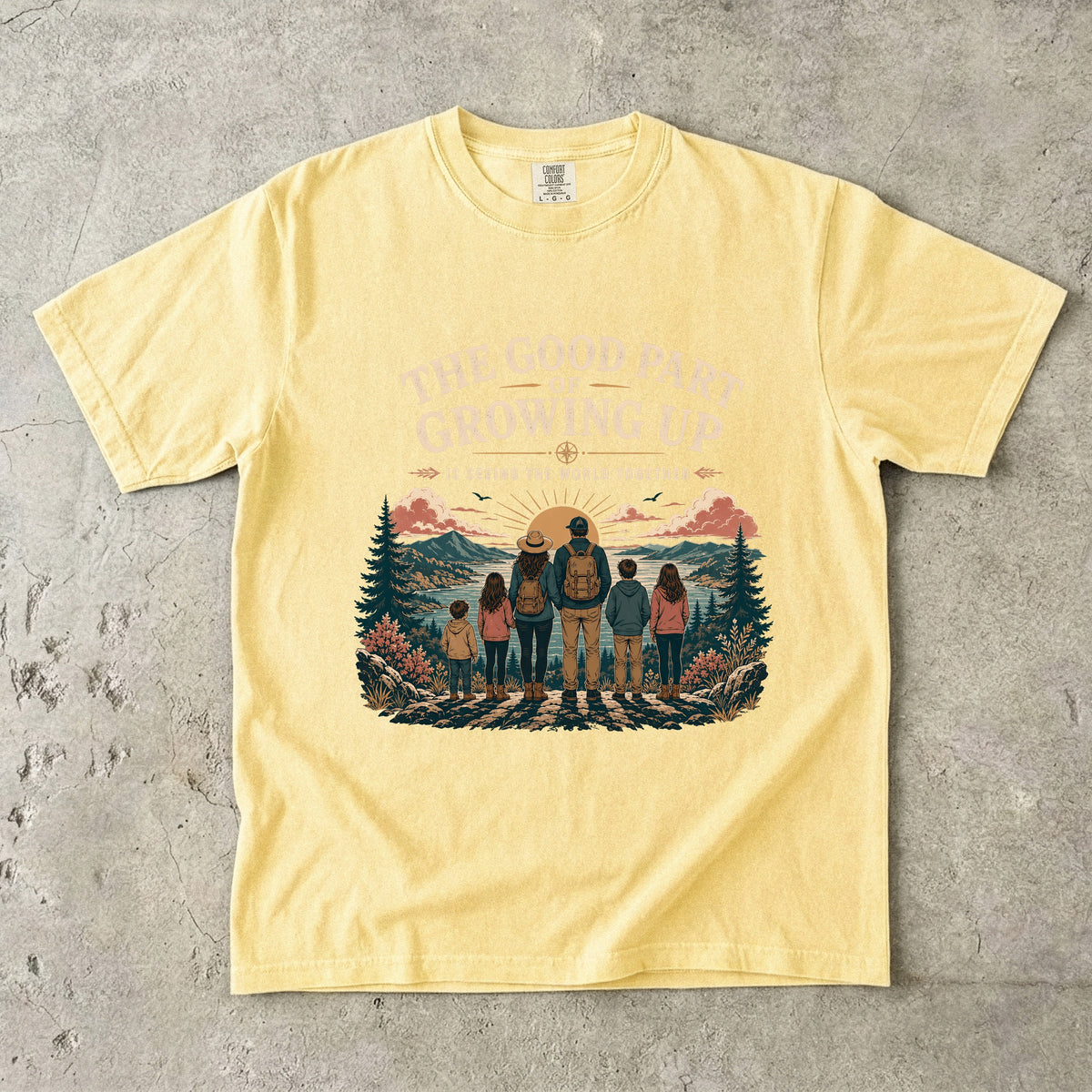 The Good Part of Growing Up Family Travel Shirt in Butter – flat lay