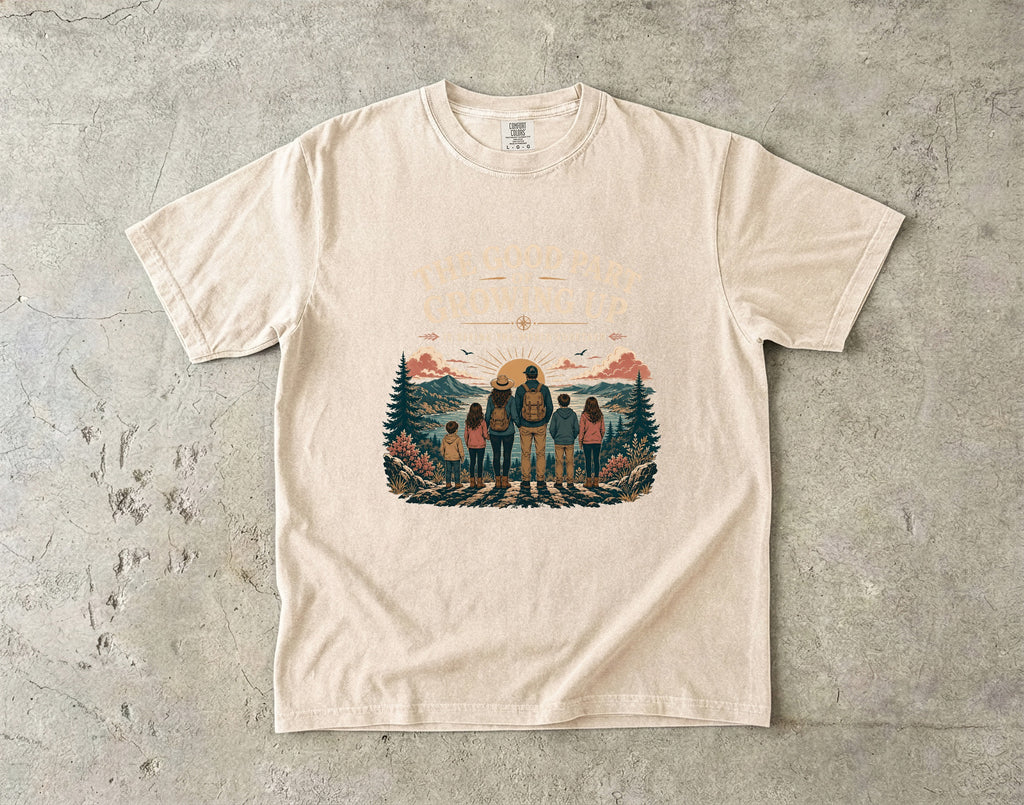 The Good Part of Growing Up Family Travel Shirt in Ivory – flat lay