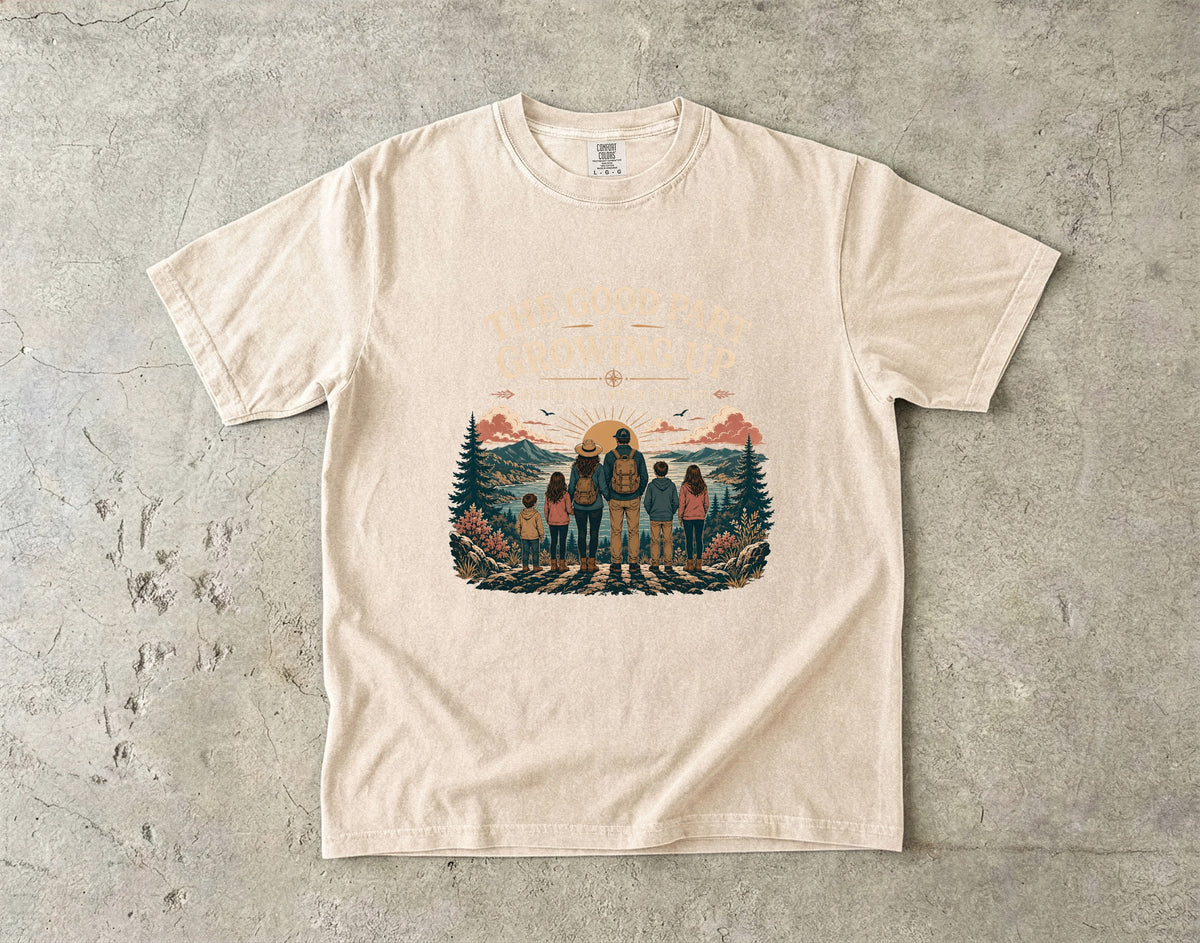 The Good Part of Growing Up Family Travel Shirt in Ivory – flat lay