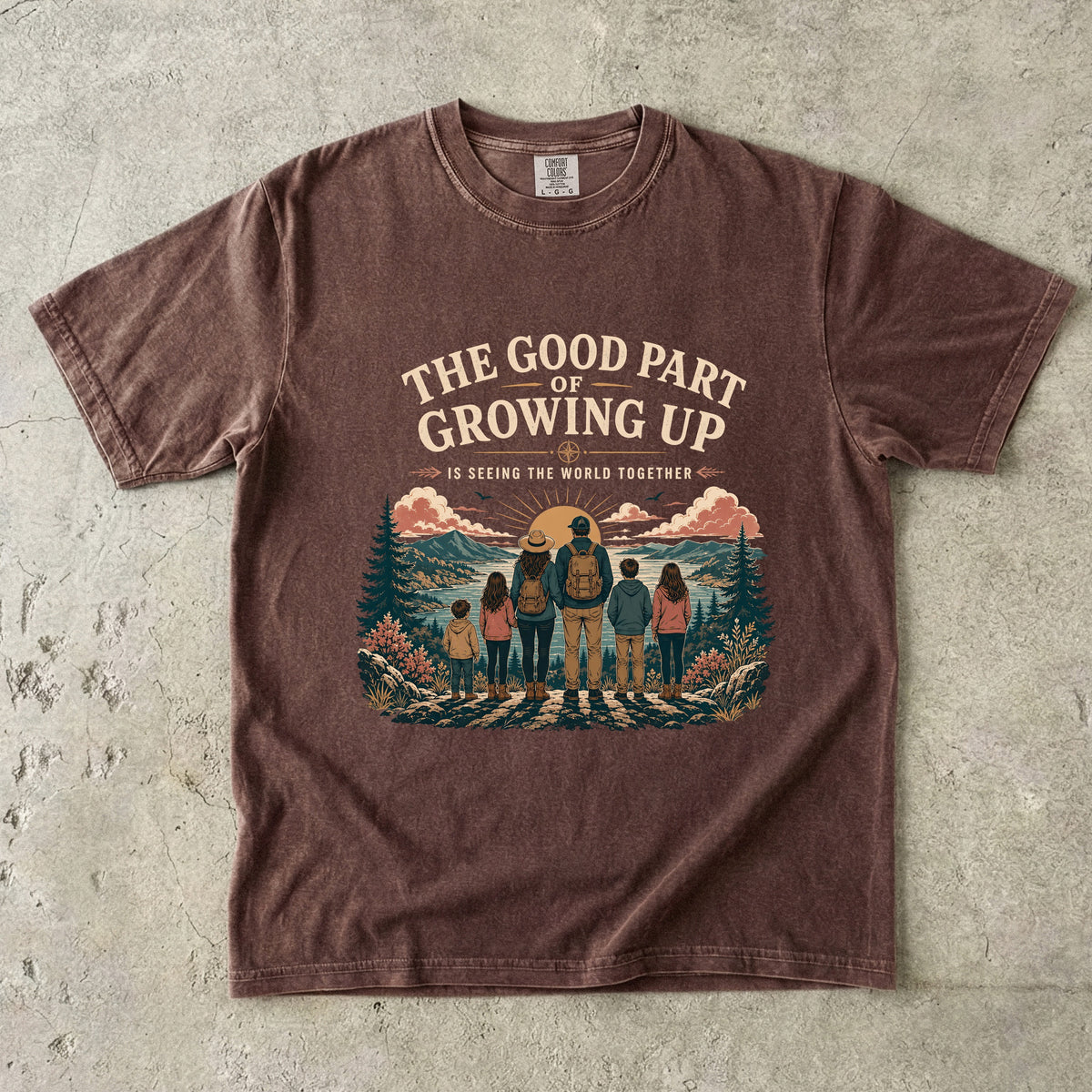 The Good Part of Growing Up Family Travel Shirt in Espresso – flat lay