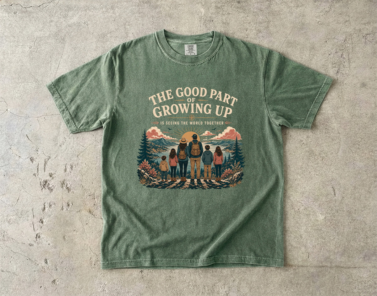 The Good Part of Growing Up Family Travel Shirt in Moss – flat lay