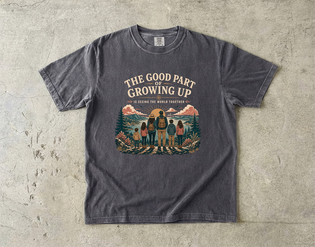 The Good Part of Growing Up Family Travel Shirt in Pepper – flat lay
