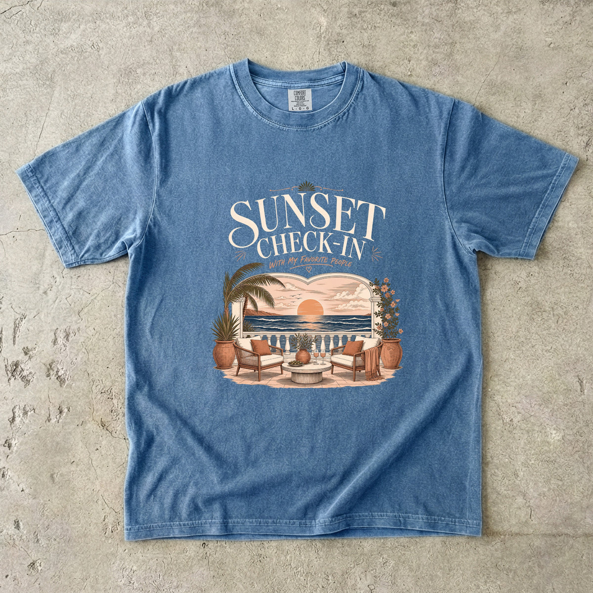Sunset Check In Seaside Vacation Shirt in Blue Jean – flat lay