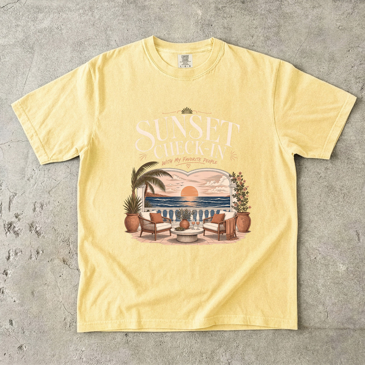 Sunset Check In Seaside Vacation Shirt in Butter – flat lay