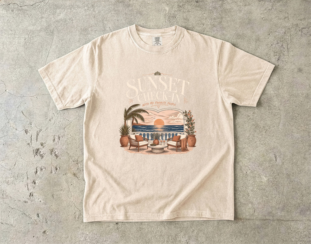 Sunset Check In Seaside Vacation Shirt in Ivory – flat lay