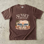 Sunset Check In Seaside Vacation Shirt in Espresso – flat lay