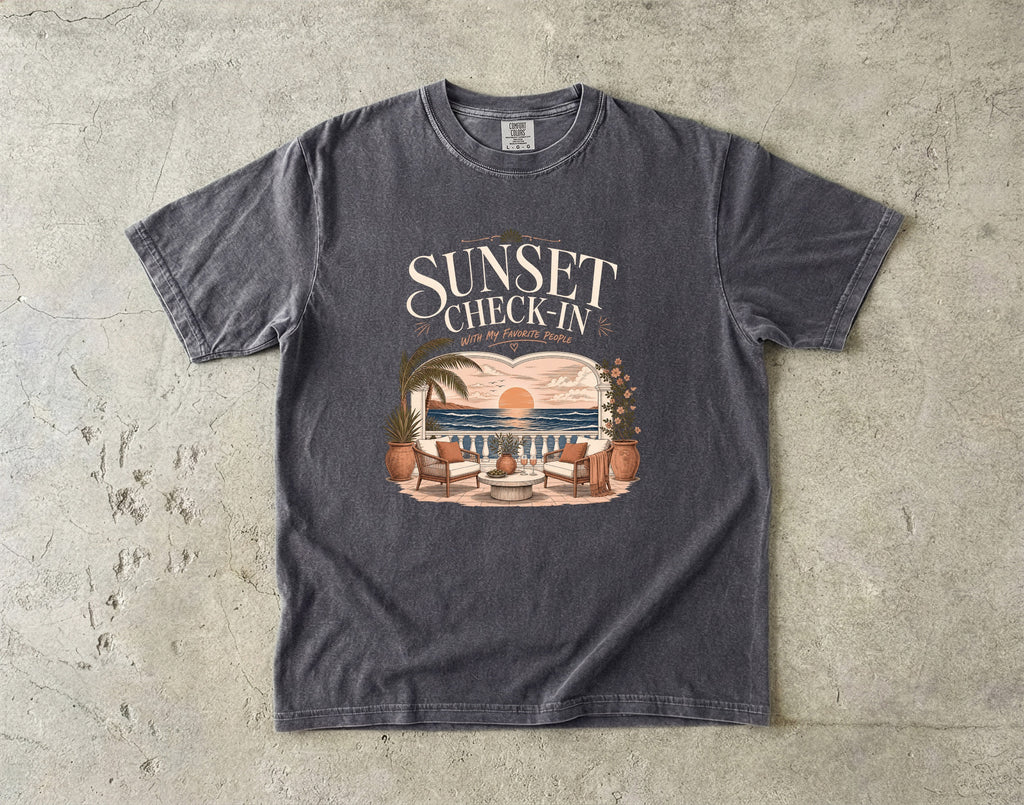 Sunset Check In Seaside Vacation Shirt in Pepper – flat lay