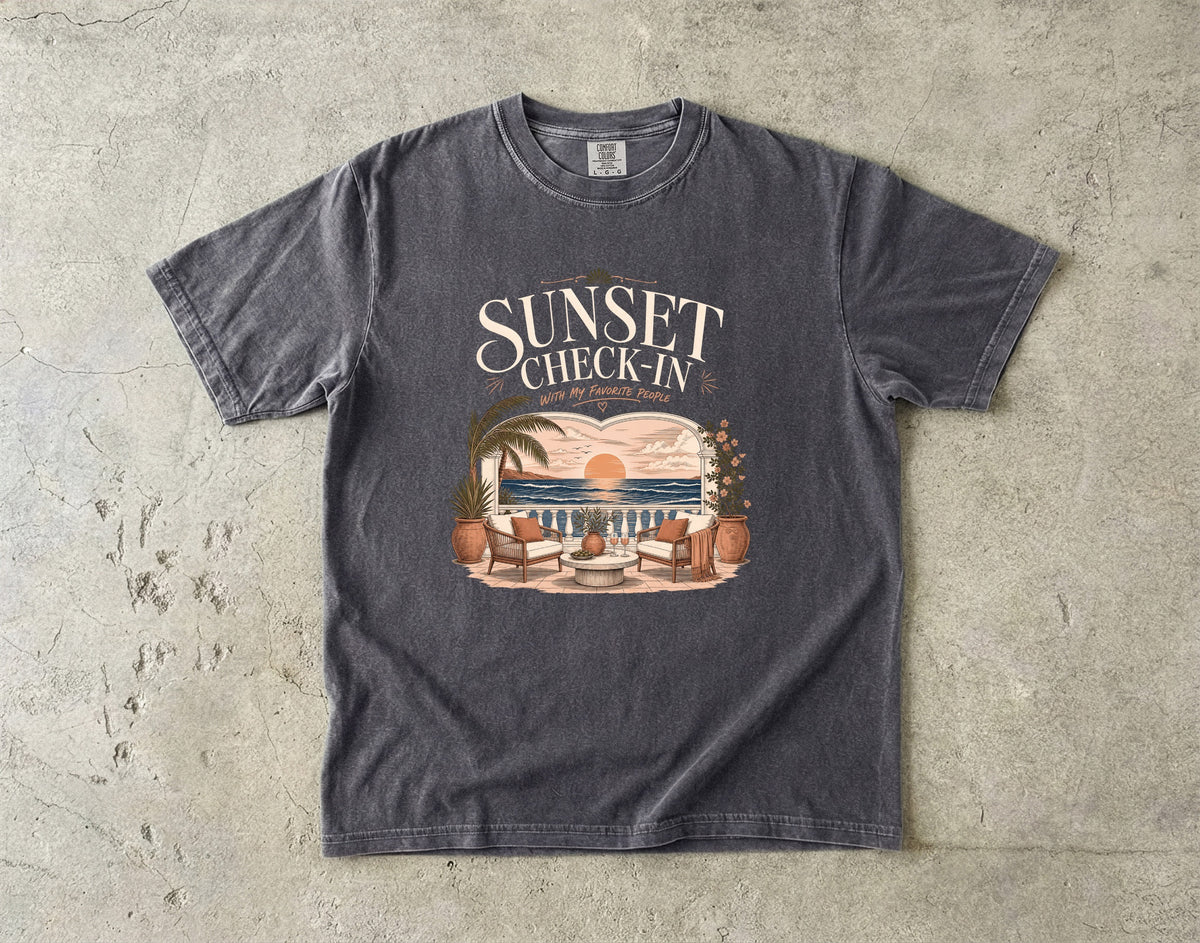 Sunset Check In Seaside Vacation Shirt in Pepper – flat lay