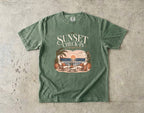 Sunset Check In Seaside Vacation Shirt in Moss – flat lay