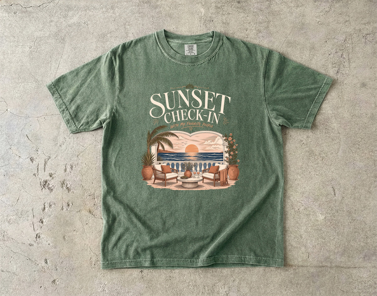 Sunset Check In Seaside Vacation Shirt in Moss – flat lay