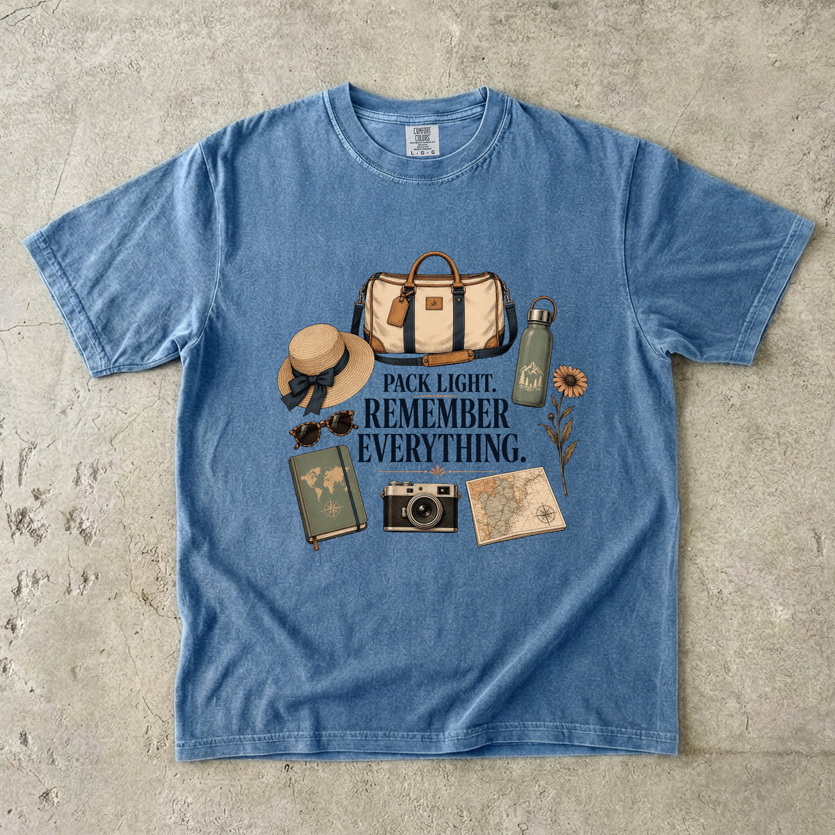 Pack Light Remember Everything Travel Planning Shirt in Blue Jean – flat lay