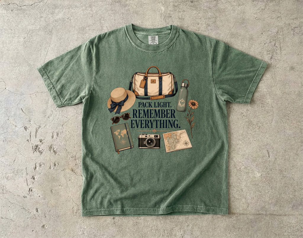 Pack Light Remember Everything Travel Planning Shirt in Moss – flat lay