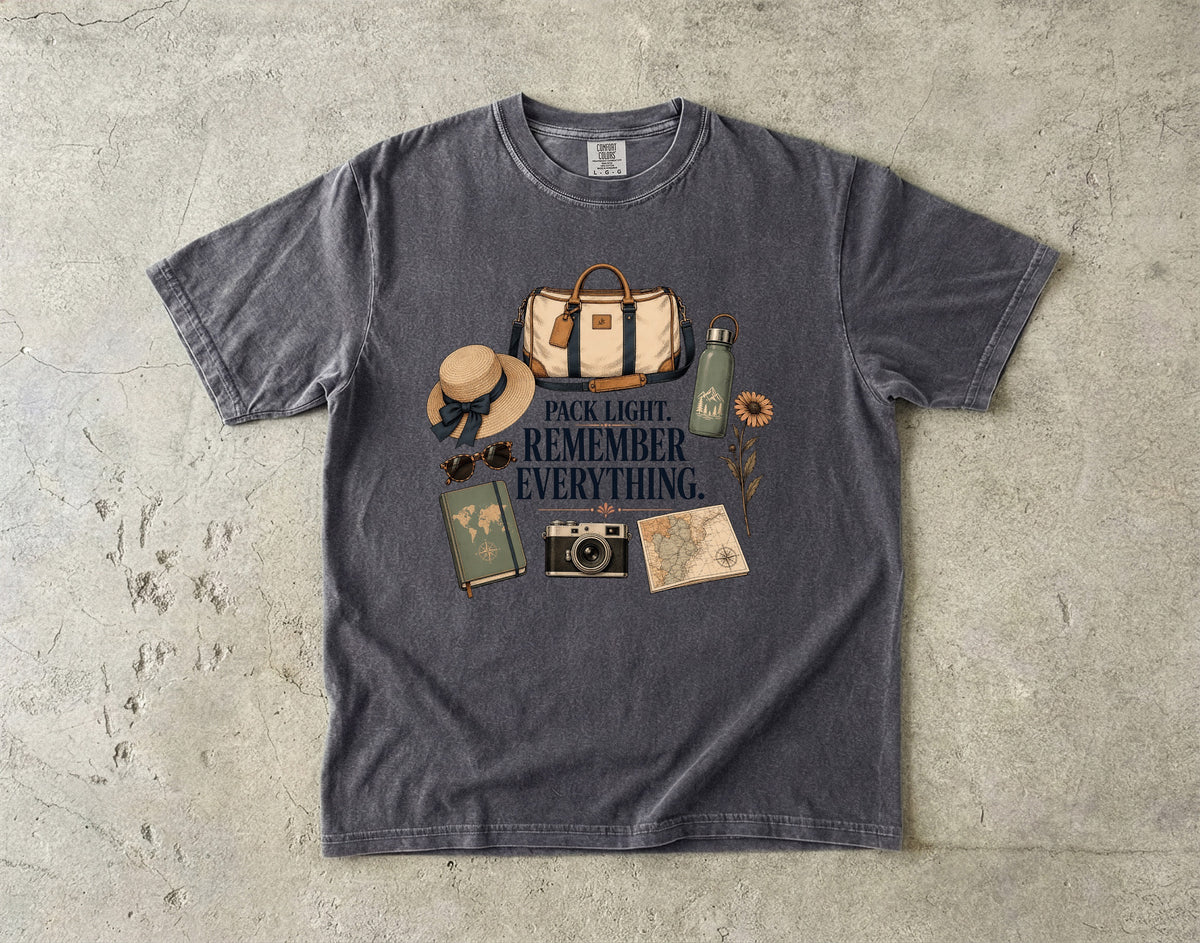Pack Light Remember Everything Travel Planning Shirt in Pepper – flat lay