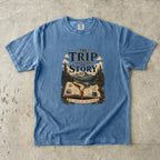 The Trip Before the Story Travel Journal Shirt in Blue Jean – flat lay