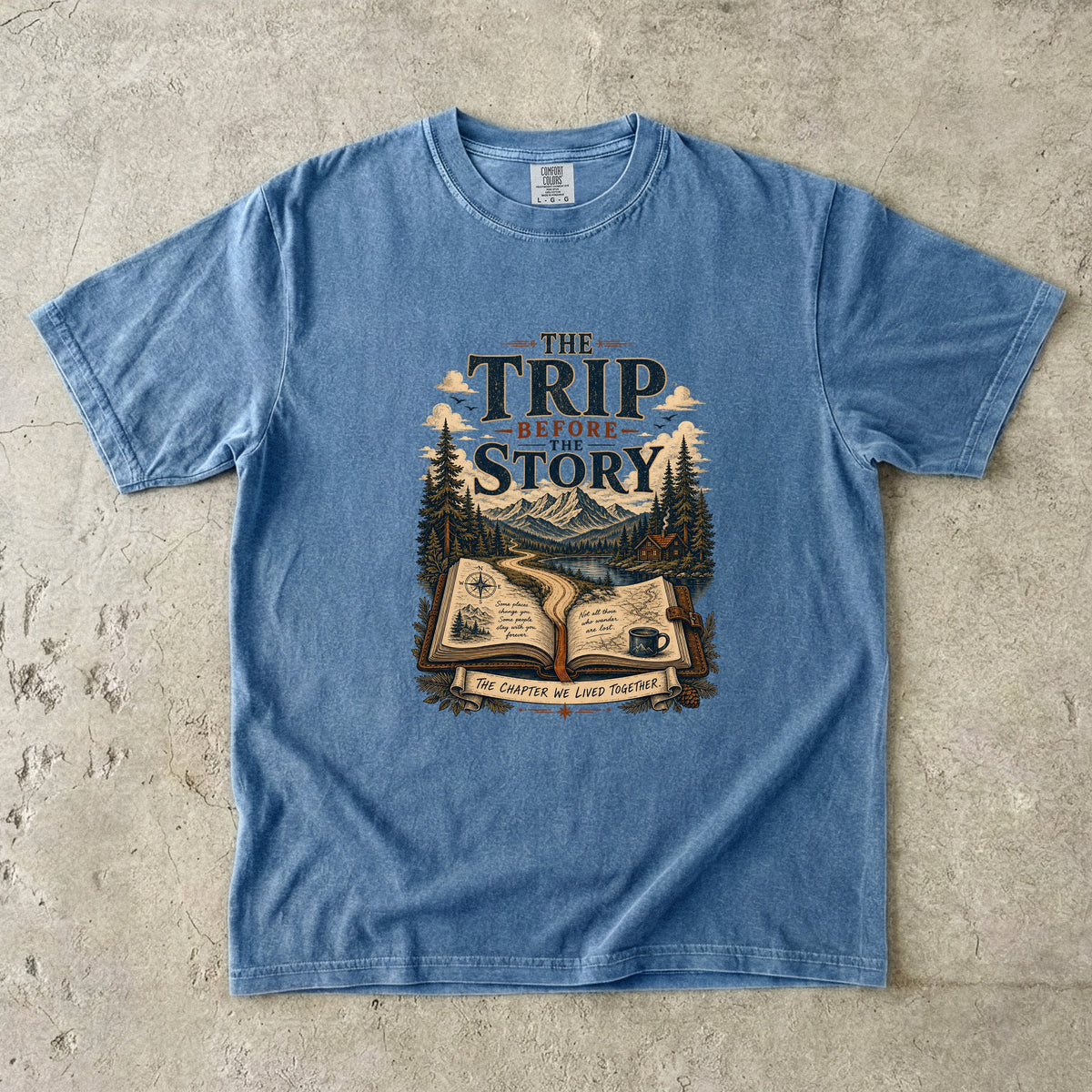 The Trip Before the Story Travel Journal Shirt in Blue Jean – flat lay