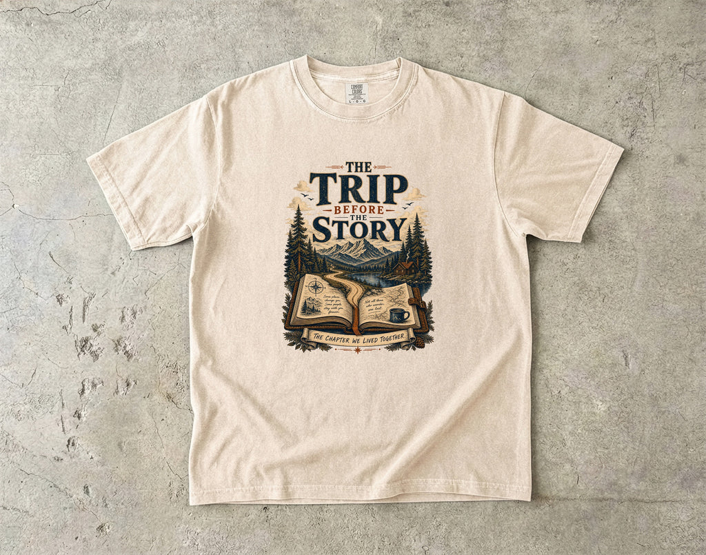 The Trip Before the Story Travel Journal Shirt in Ivory – flat lay
