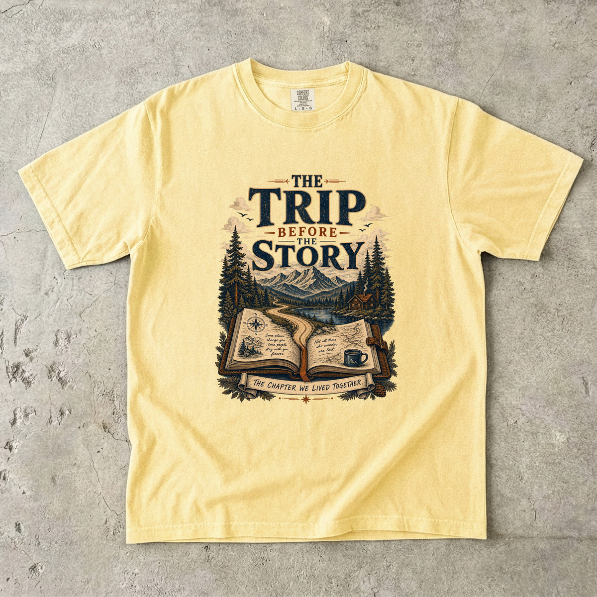 The Trip Before the Story Travel Journal Shirt in Butter – flat lay