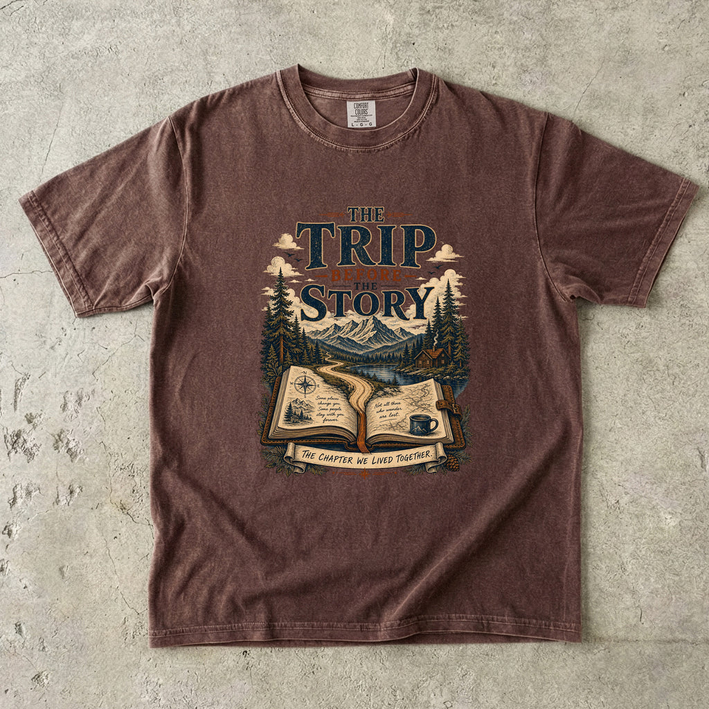 The Trip Before the Story Travel Journal Shirt in Espresso – flat lay