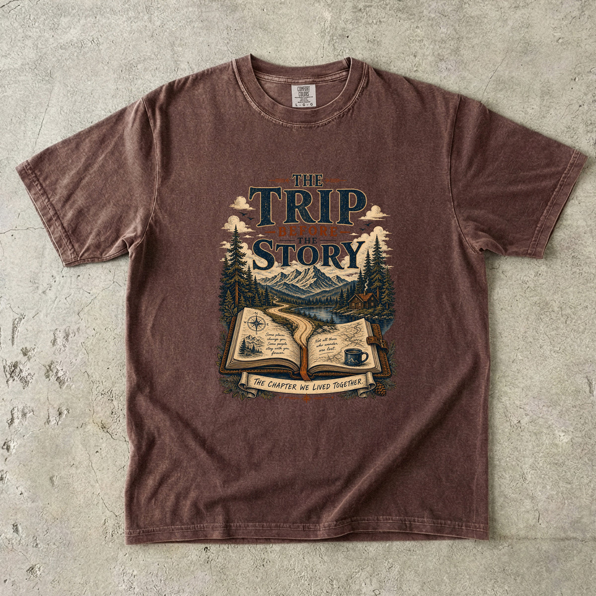 The Trip Before the Story Travel Journal Shirt in Espresso – flat lay