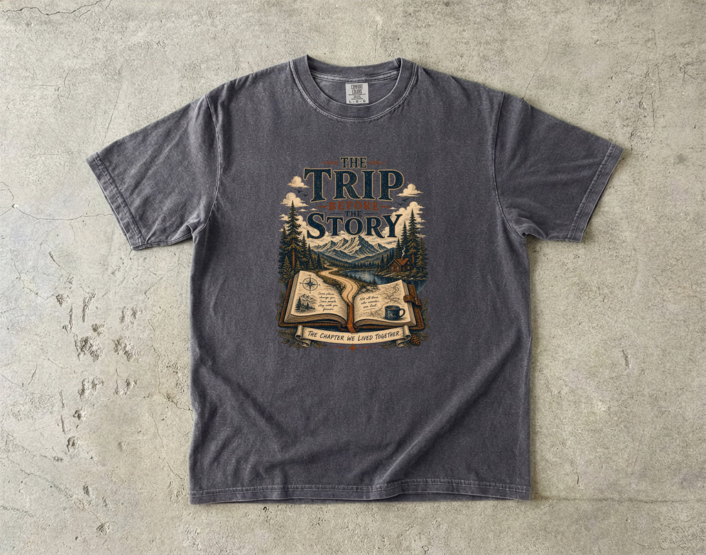 The Trip Before the Story Travel Journal Shirt in Pepper – flat lay