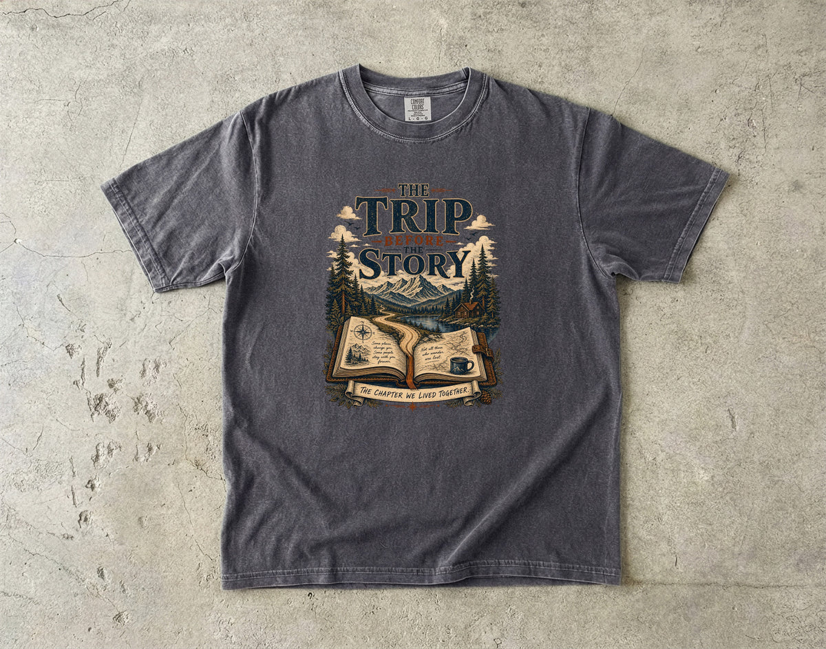 The Trip Before the Story Travel Journal Shirt in Pepper – flat lay