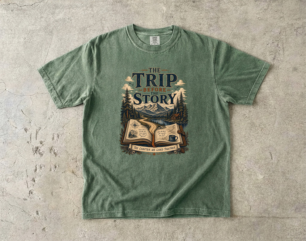 The Trip Before the Story Travel Journal Shirt in Moss – flat lay
