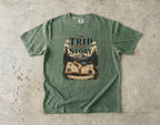 The Trip Before the Story Travel Journal Shirt in Moss – flat lay