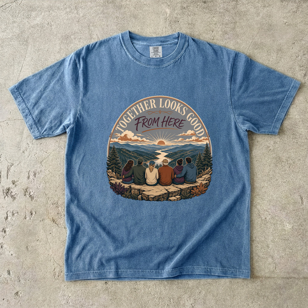 Together Looks Good From Here Scenic Overlook Shirt in Blue Jean – flat lay