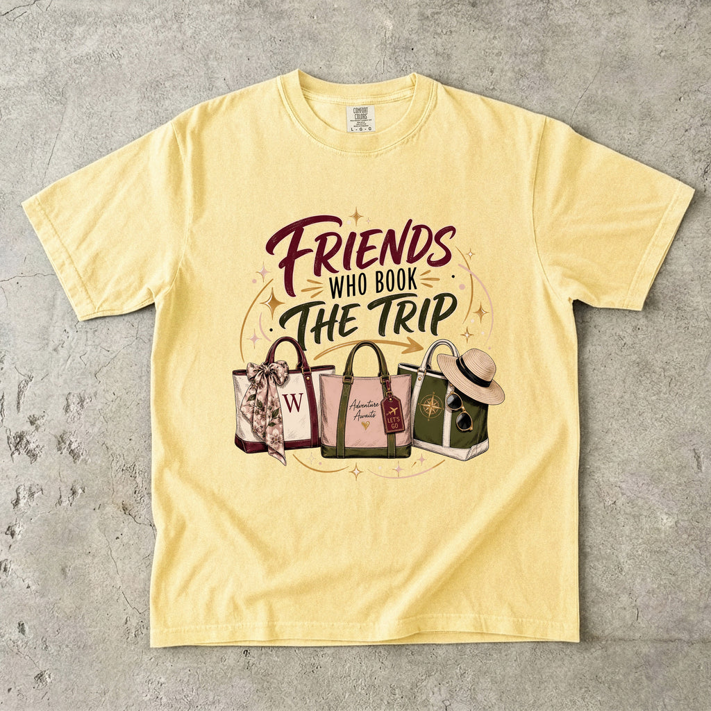 Friends Who Book the Trip Girls Getaway Shirt in Butter – flat lay